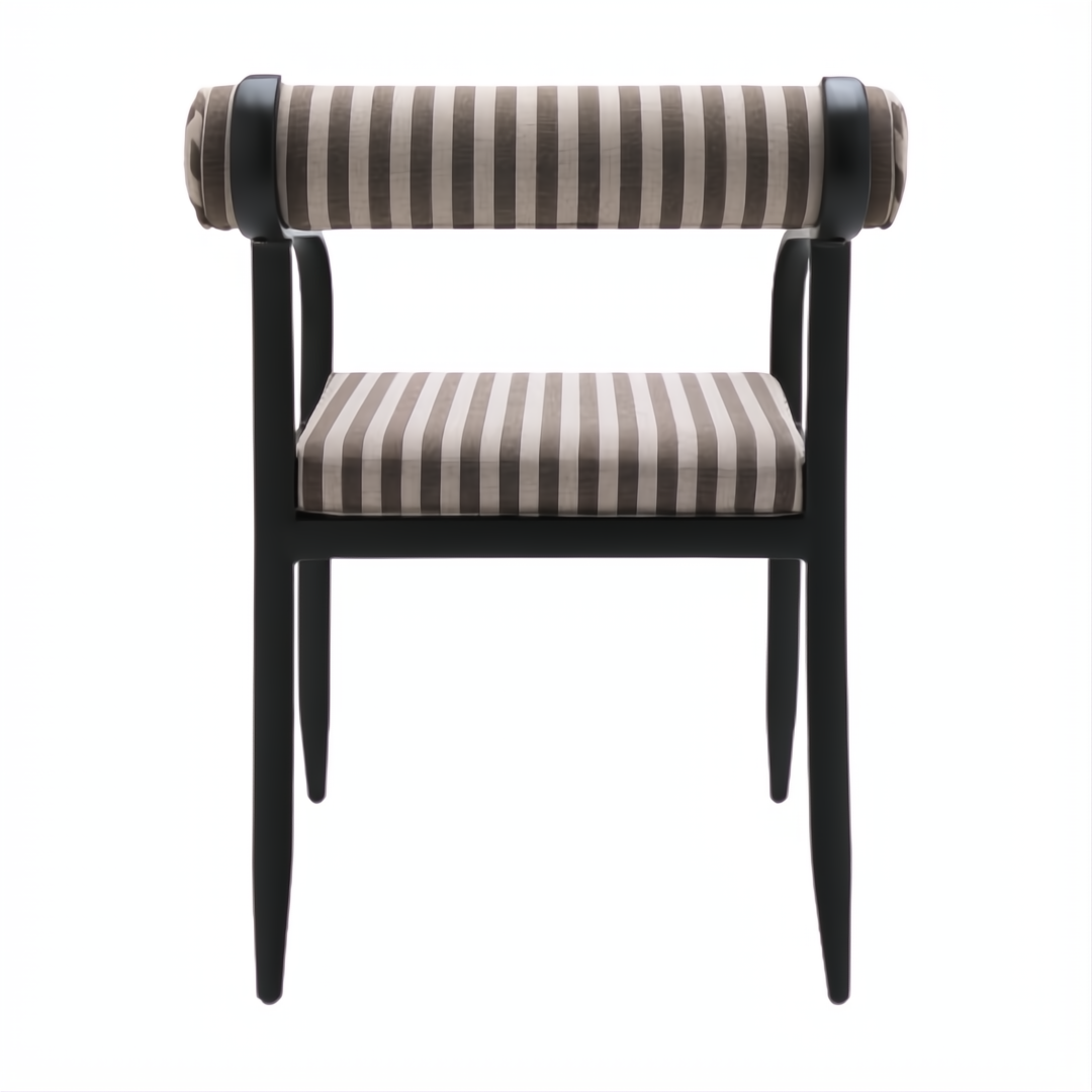 Surya Antibes dining arm chair with multi-color striped Sunbrella upholstery and black aluminum frame.