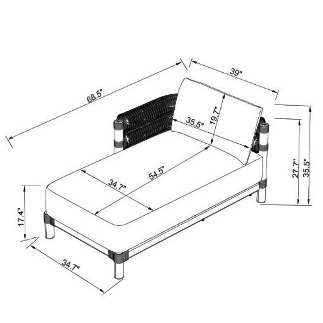 Line drawing of a brown Surya Porta sectional left arm chaise with dimensions.
