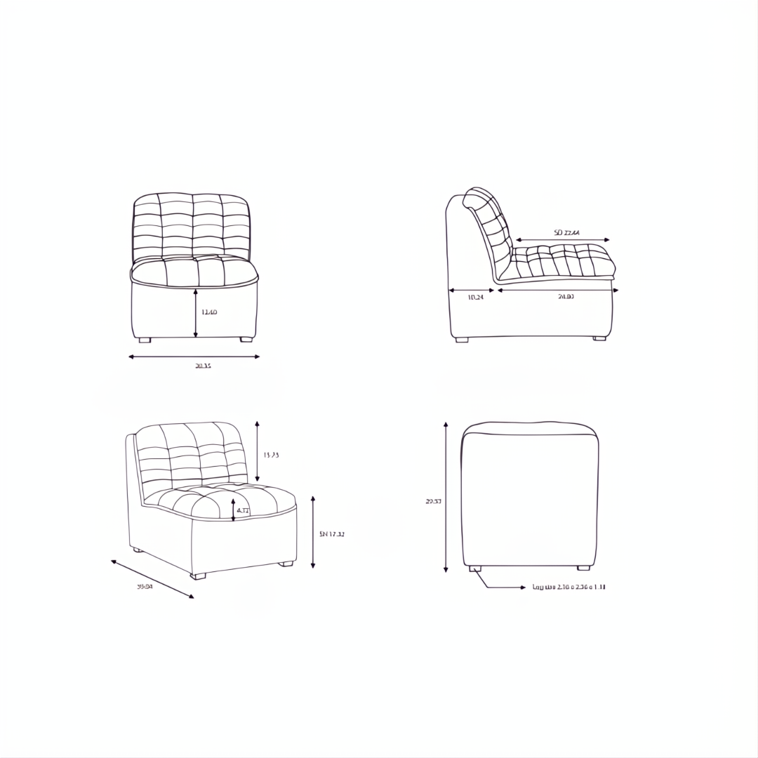 Technical drawing of Surya Oryan RYAN-001 modular sofa with brown leather upholstery and black base.