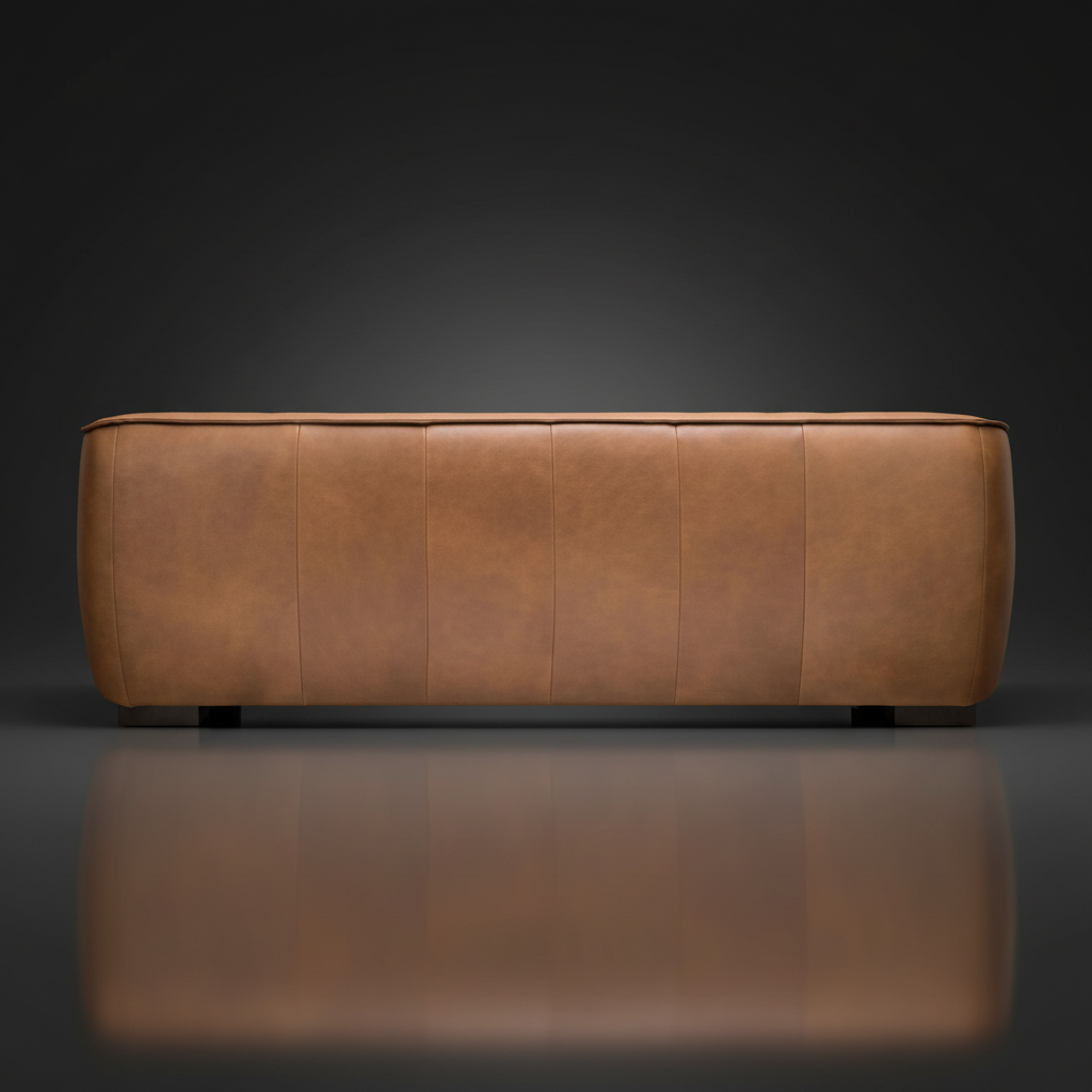 Brown leather Surya Alba sofa with a refined, polished look and black feet.