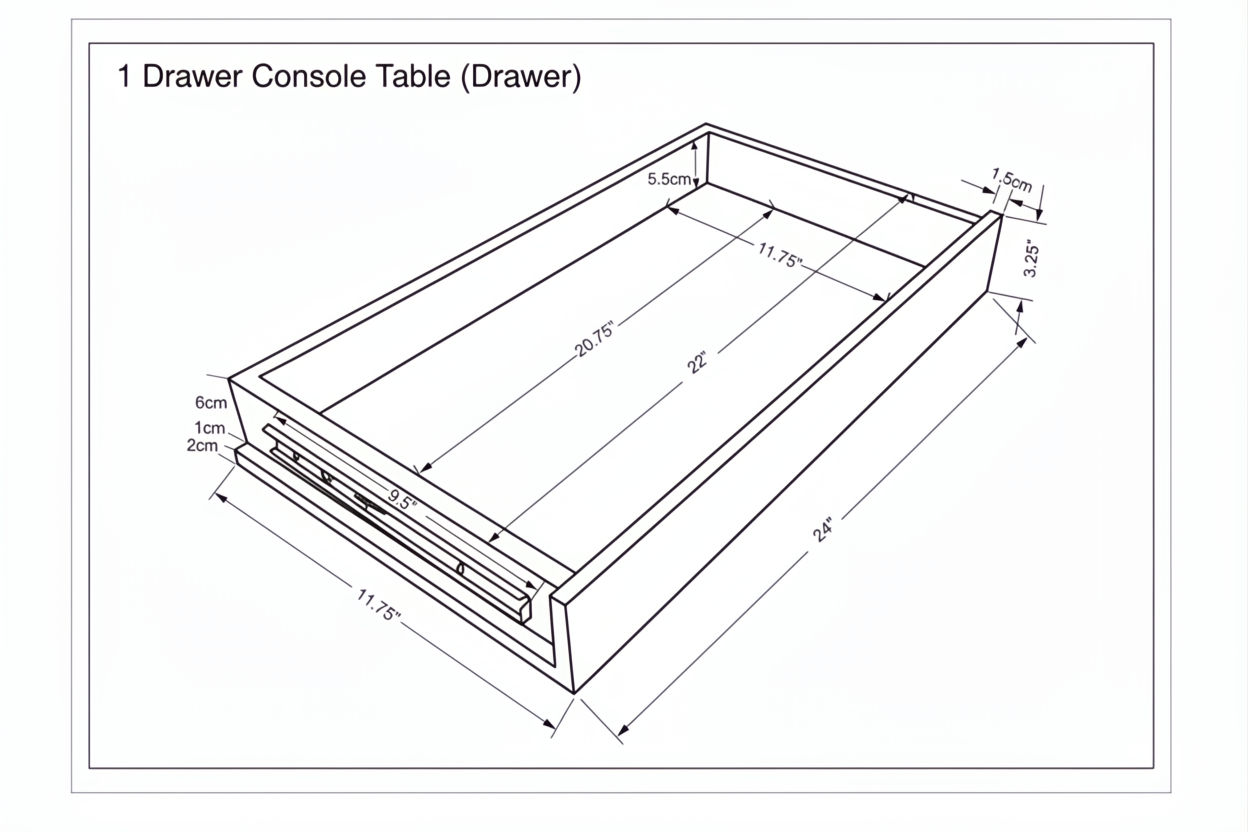 Technical drawing of a console table drawer with dimensions in inches and centimeters.