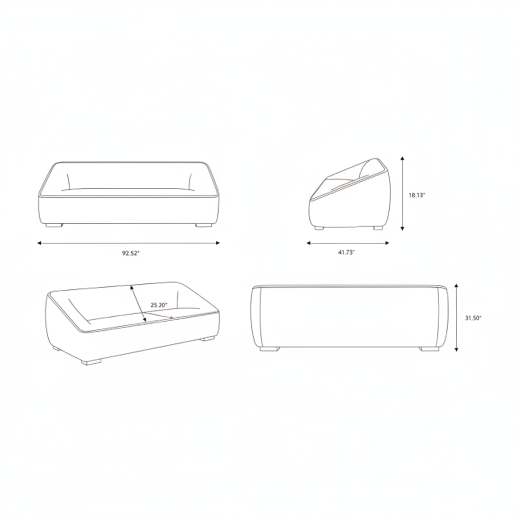 Line drawing of the Surya Alba ALBA-002 Sofa, showing front, side, and top views with dimensions.