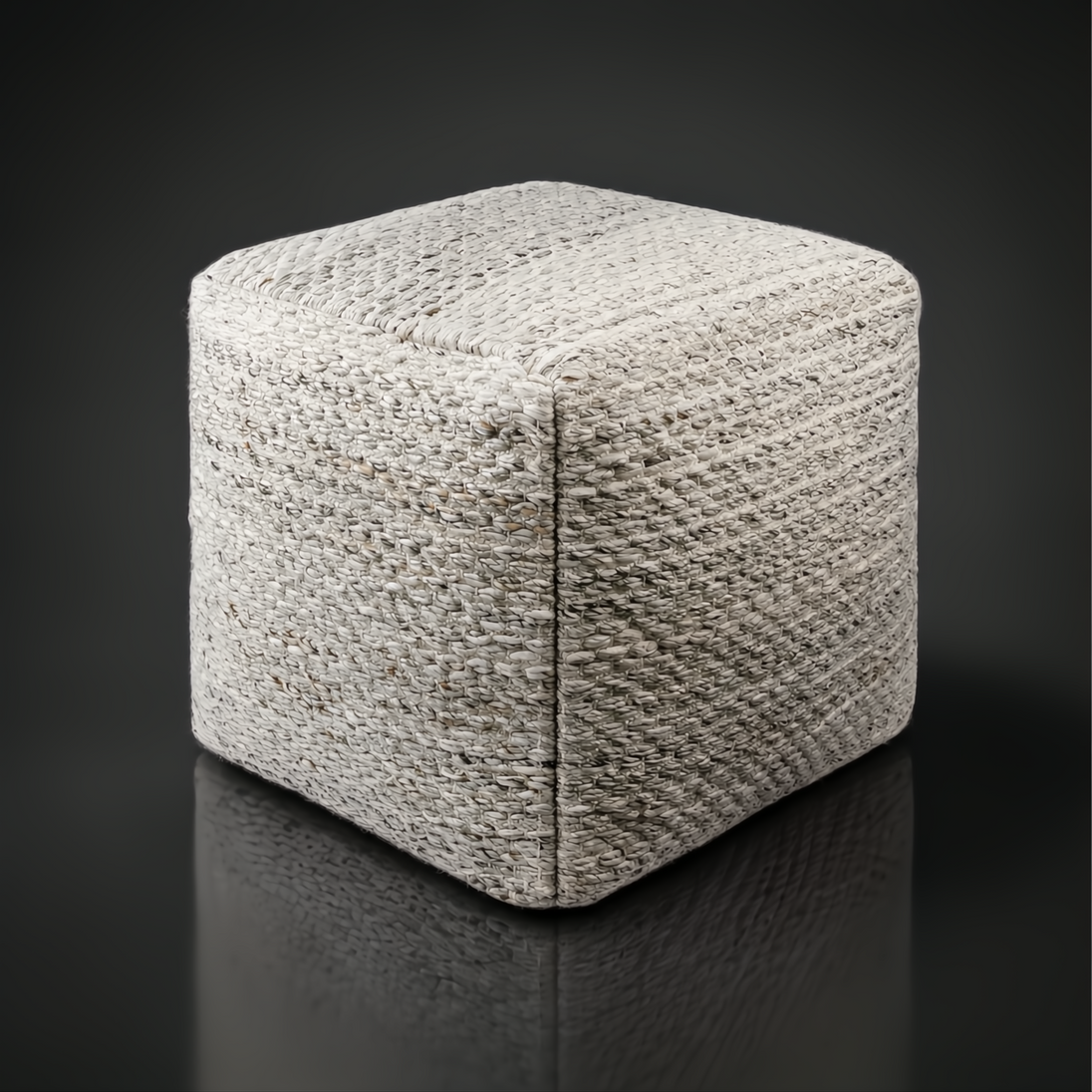 Modern woven cube pouf in light beige recycled PET yarn with a knife-edge finish.
