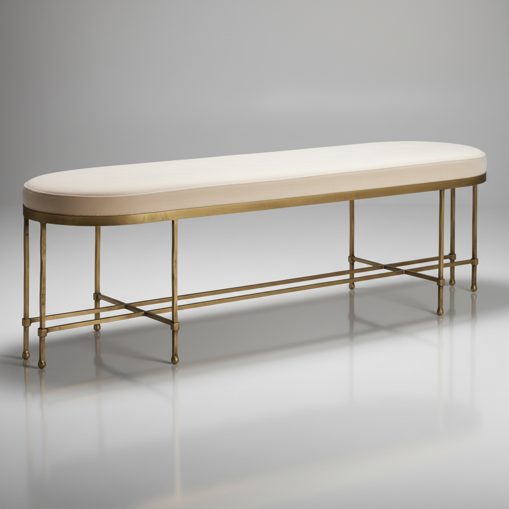 Surya Engel bench with a long, cream polyester cushion and a metallic brass iron base.