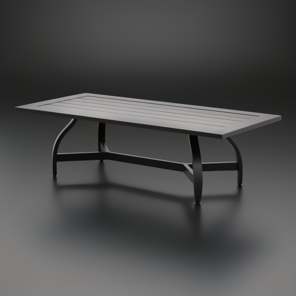 Black powder-coated aluminum outdoor coffee table with a slatted top and curved legs.