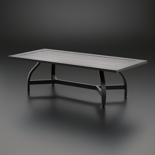 Black powder-coated aluminum outdoor coffee table with a slatted top and curved legs.