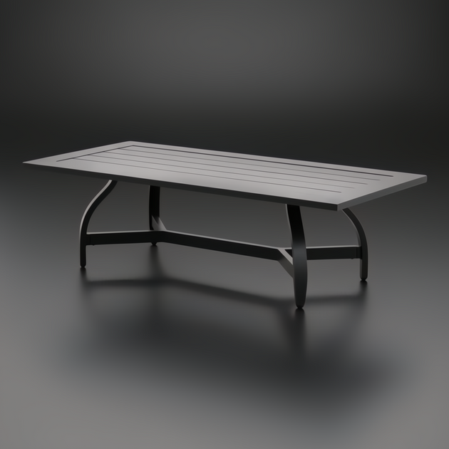 Black powder-coated aluminum outdoor coffee table with a slatted top and curved legs.