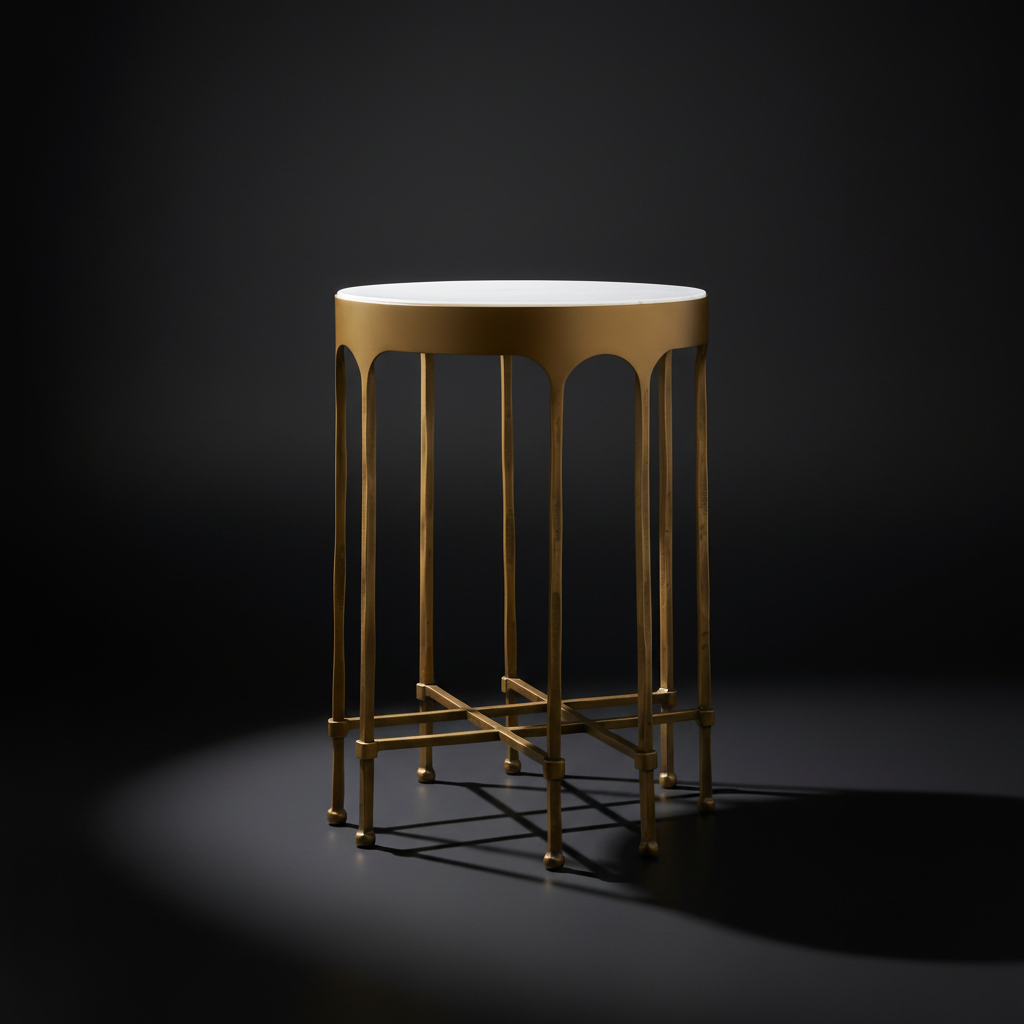 Surya Engel end table with a round white marble top and metallic brass iron base.