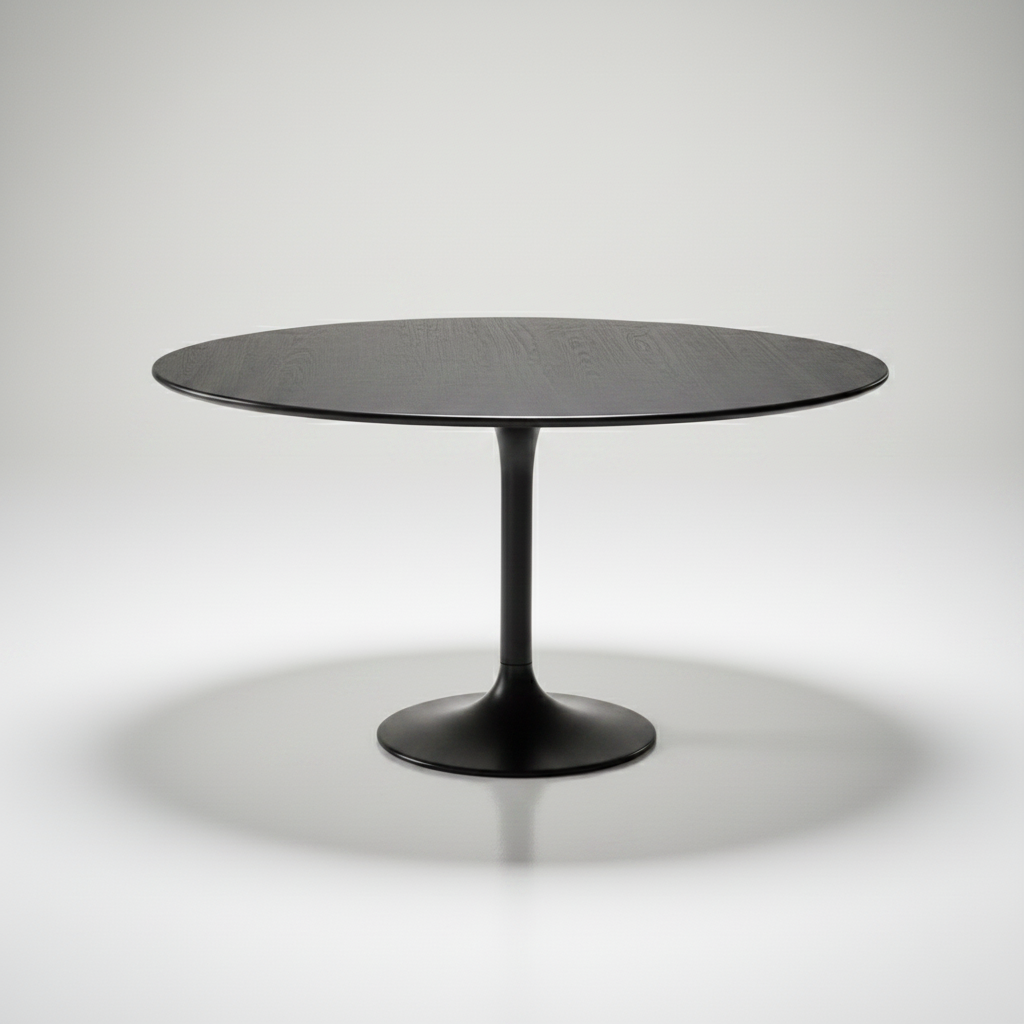 Surya Anatalia round dining table with a black polished marble top and black iron pedestal base.