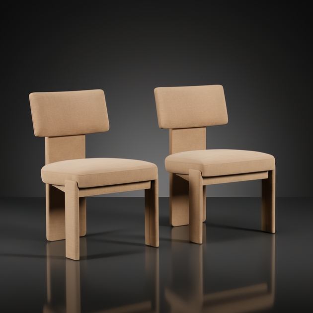 Set of two Surya Sitara dining chairs with beige polyester covers and natural rubber wood bases.