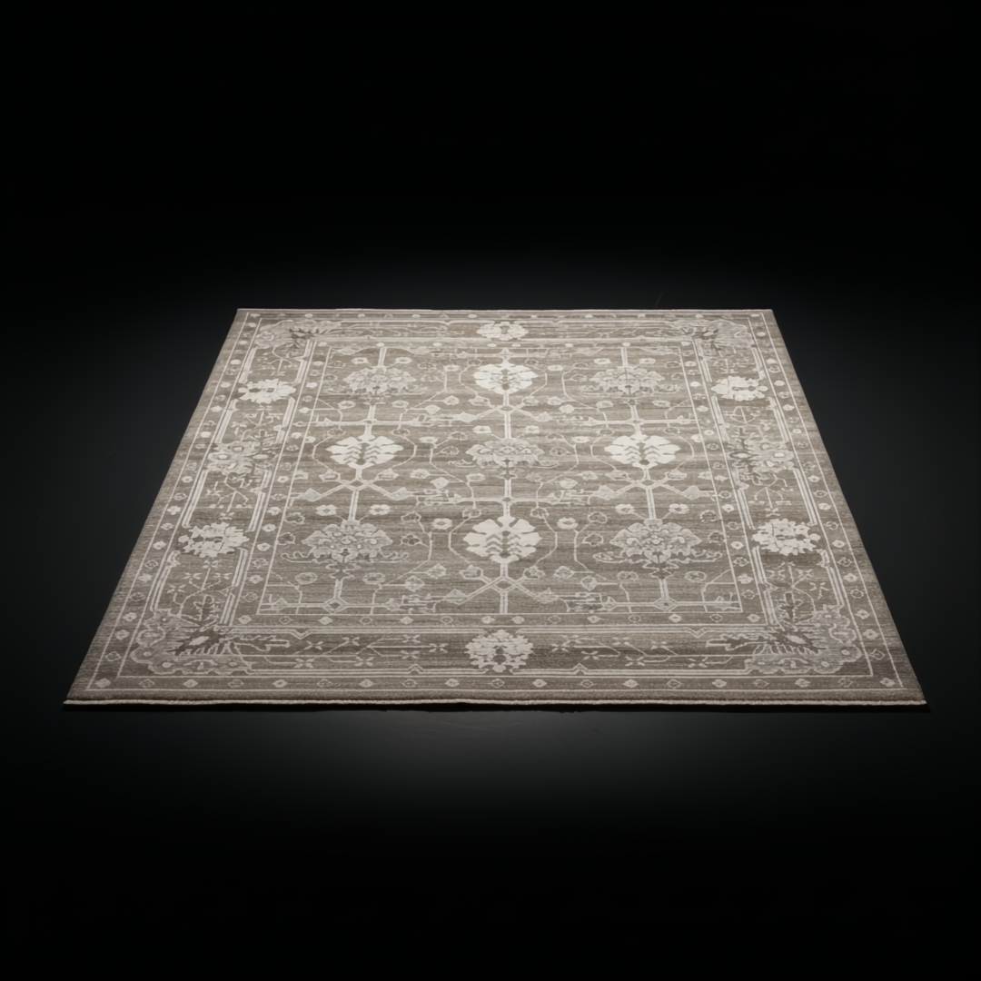 Surya Almeria hand-knotted low pile rug in light brown, gray, and cream with elegant fringe.