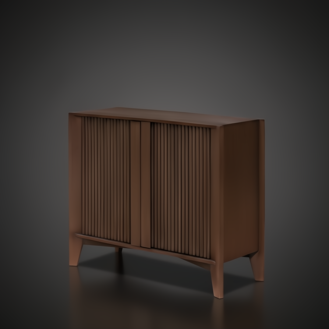 Brown lacquered mango wood Surya Ronan Cabinet with slatted soft-close doors and tapered legs.
