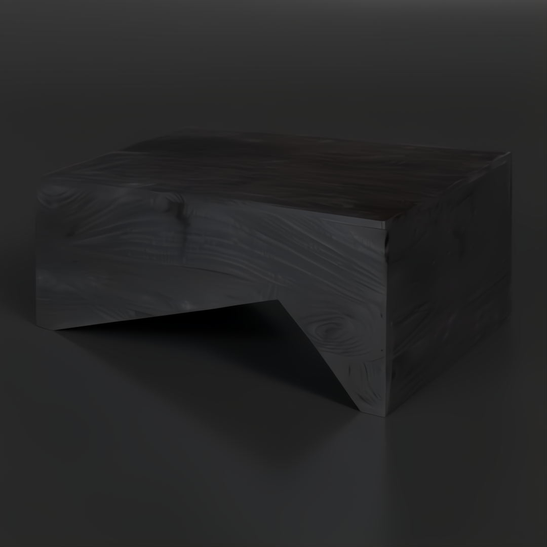 Black brushed acacia wood coffee table with exposed grain and unique angled legs.