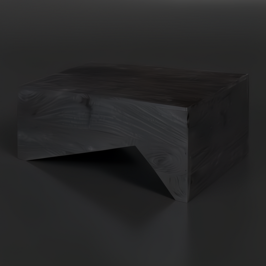 Black brushed acacia wood coffee table with exposed grain and unique angled legs.