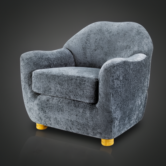 Surya Perch Accent Chair, minimalist modern design with medium gray polyester upholstery and brown lacquered rubber wood base.