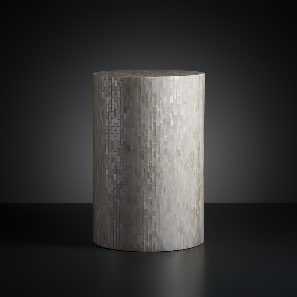 Surya Iridescent End Table, a round ivory and gray shell accent table.