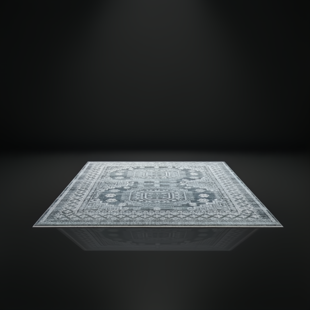 Surya Almeria low pile area rug with black, gray, beige, blue, and cream tones.