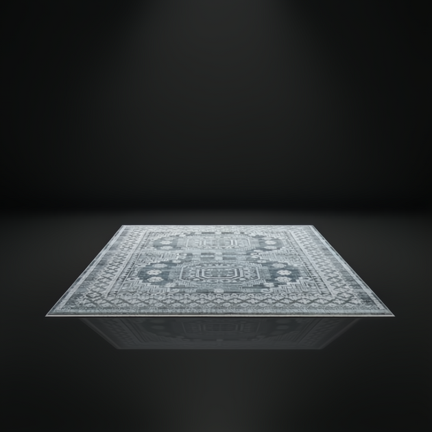 Surya Almeria low pile area rug with black, gray, beige, blue, and cream tones.