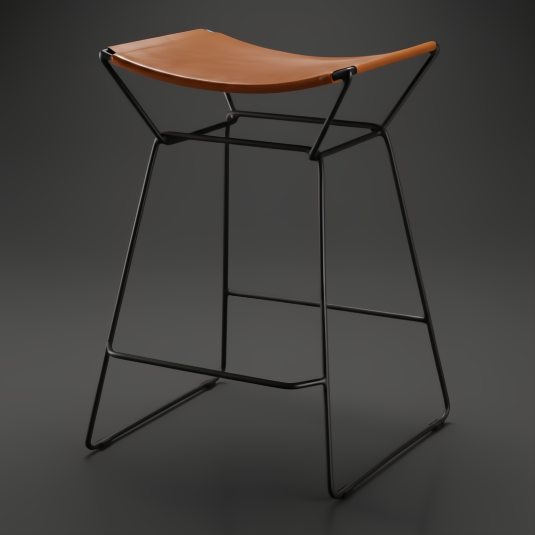 Modern Surya Celerio counter stool with brown lacquered leather seat and gray powder-coated iron base.