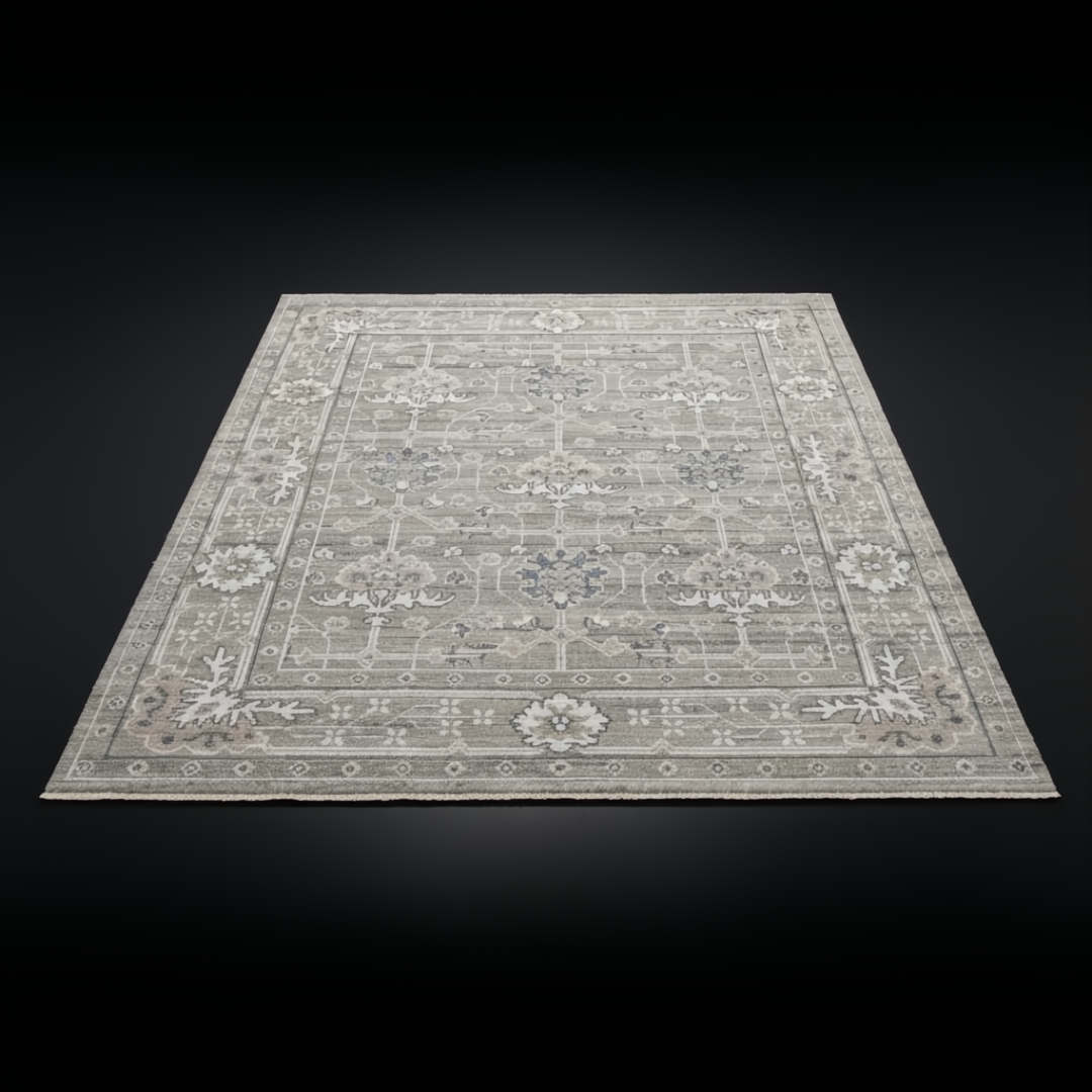 Surya Almeria low pile area rug with intricate floral patterns in medium gray, gray, and cream.