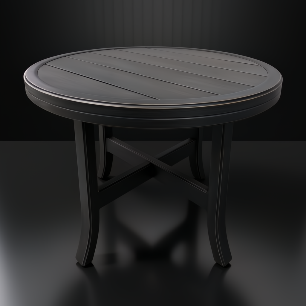 Surya Fairborn round black hand-painted aluminum outdoor end table with slatted top and X-base.