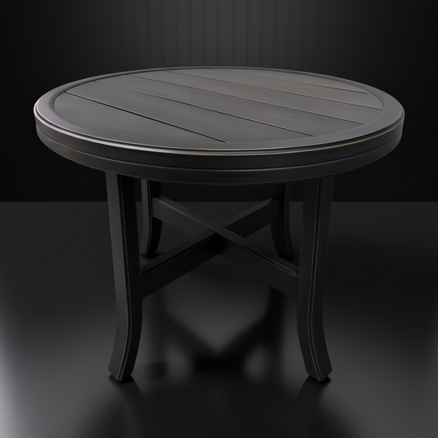 Surya Fairborn round black hand-painted aluminum outdoor end table with slatted top and X-base.