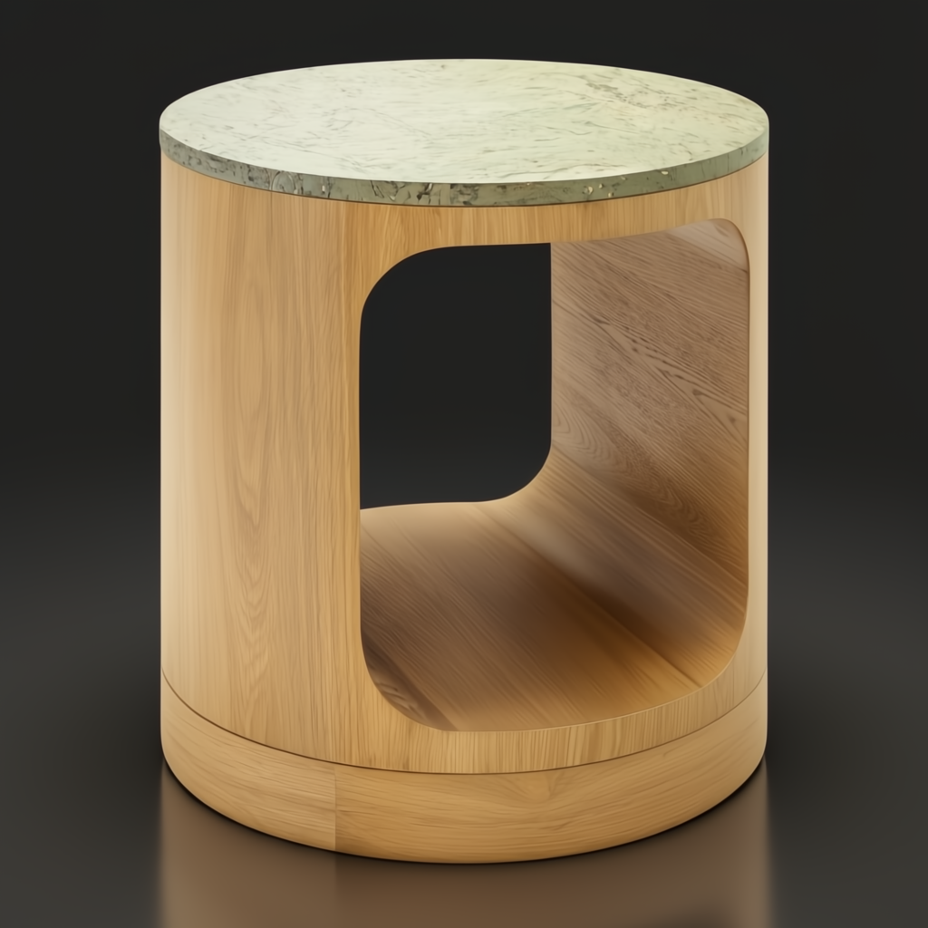 Surya Poros end table with a green cork veneer top and a light brown oak base with a curved cutout.