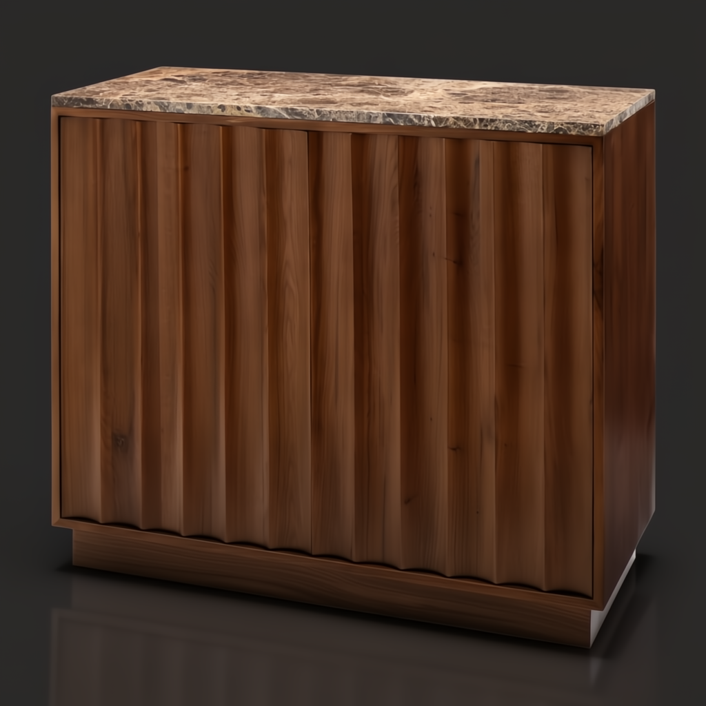 Brown Surya Skopa mid-century modern cabinet with a marble top and fluted white oak doors.