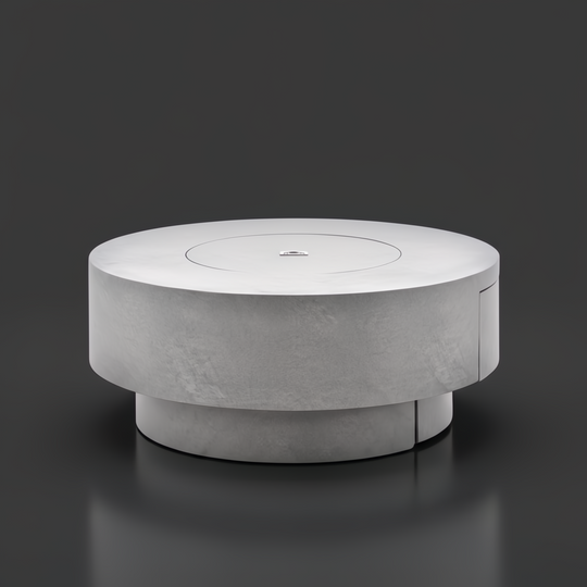 Gray hand-painted aluminum Surya Daniella Fire Table, a round outdoor fire pit with a modern design.