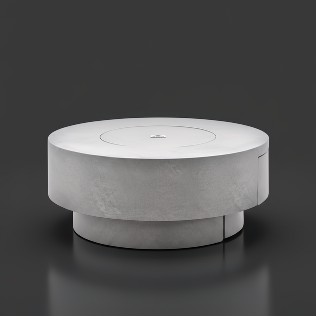 Gray hand-painted aluminum Surya Daniella Fire Table, a round outdoor fire pit with a modern design.