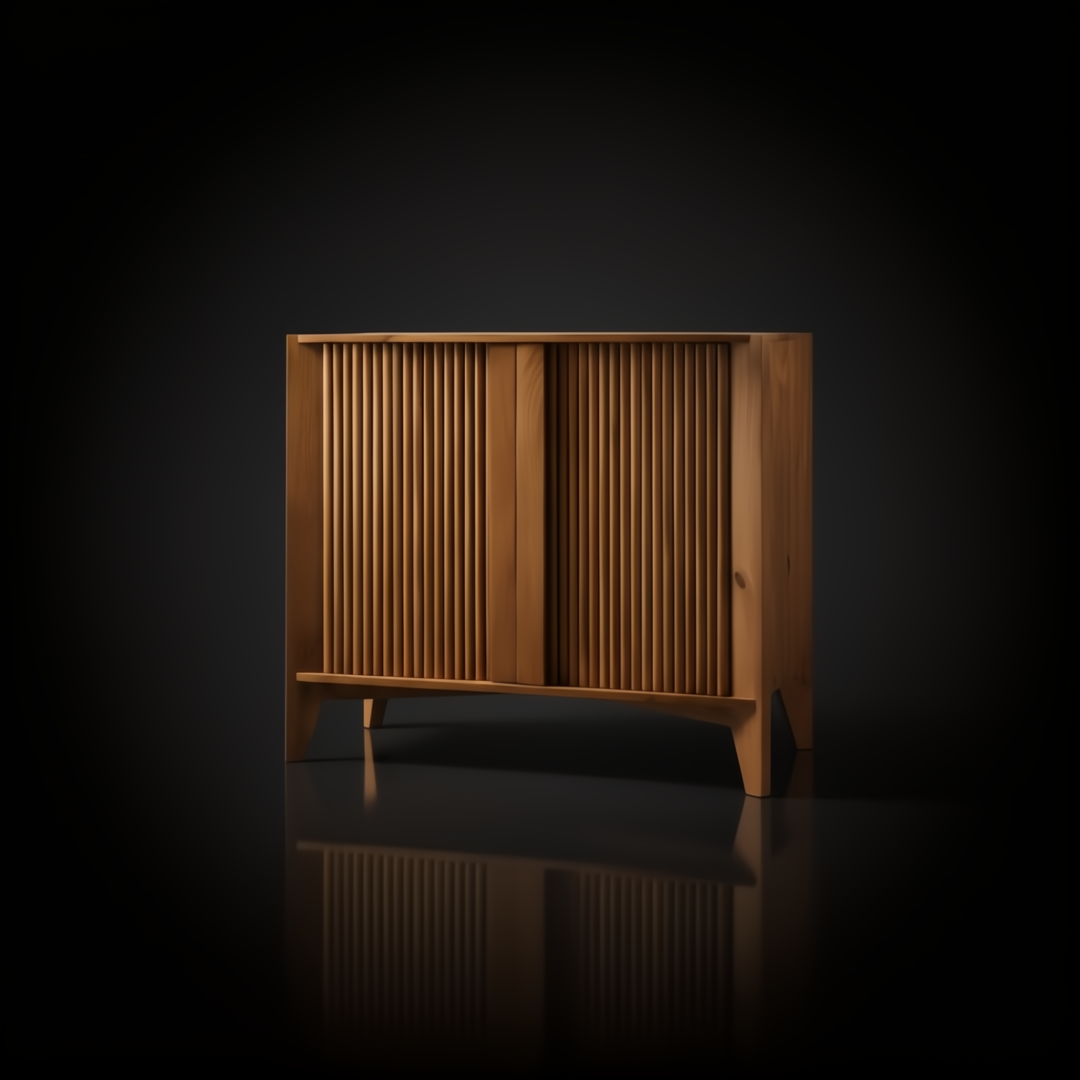 Surya Ronan RNO-001 brown lacquered mango wood cabinet with slatted soft-close doors.