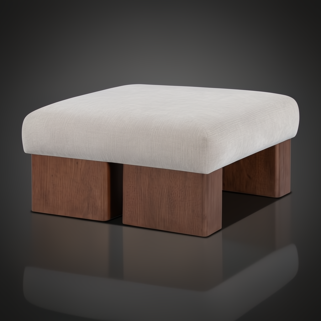 Ivory upholstered ottoman with a soft, rounded polyester cushion and a brown stained rubber wood base.
