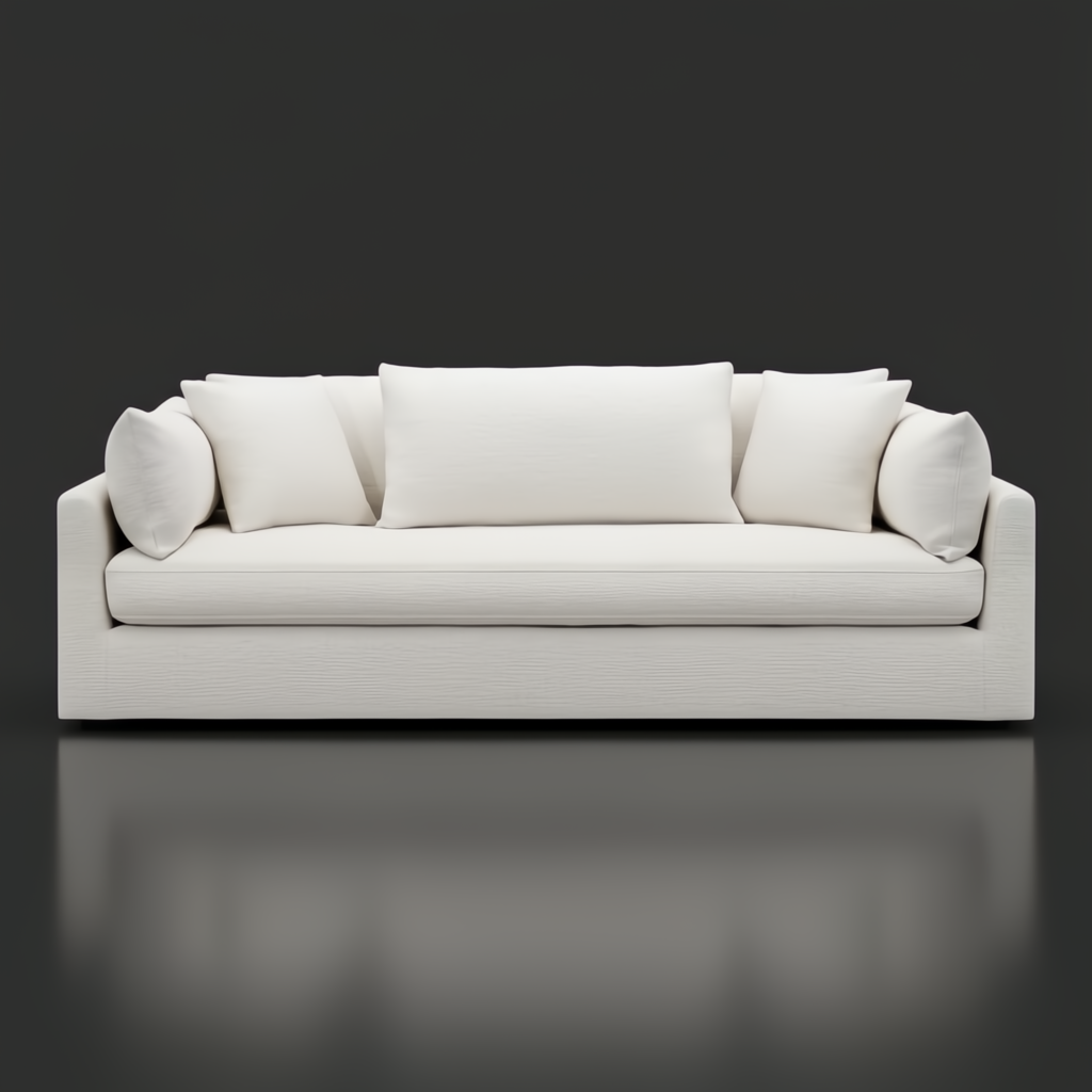 Surya Capitola off-white polyester/linen sofa with five pillows, a clean modern design.
