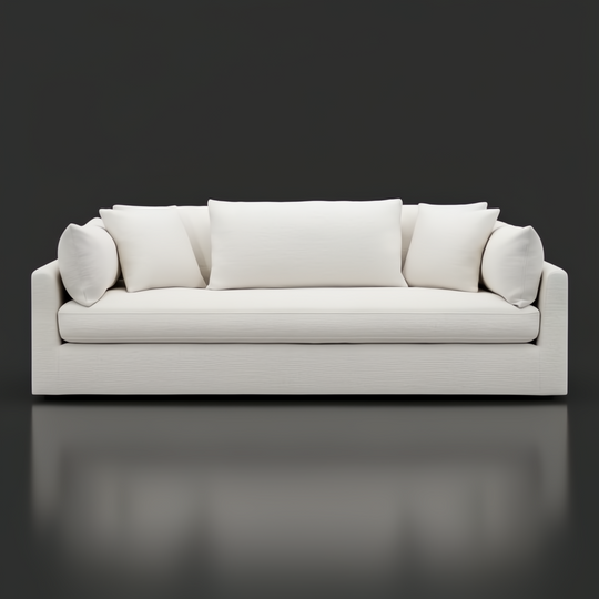 Surya Capitola off-white polyester/linen sofa with five pillows, a clean modern design.