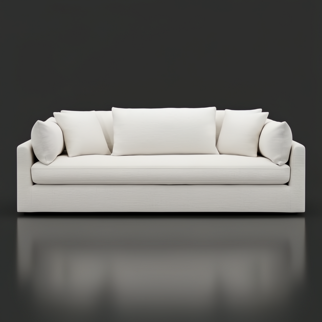 Surya Capitola off-white polyester/linen sofa with five pillows, a clean modern design.