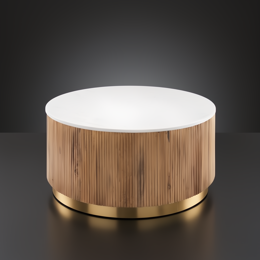 Round Surya Nems coffee table with white polished marble top, reeded brown mango wood base, and gold brushed brass accents.
