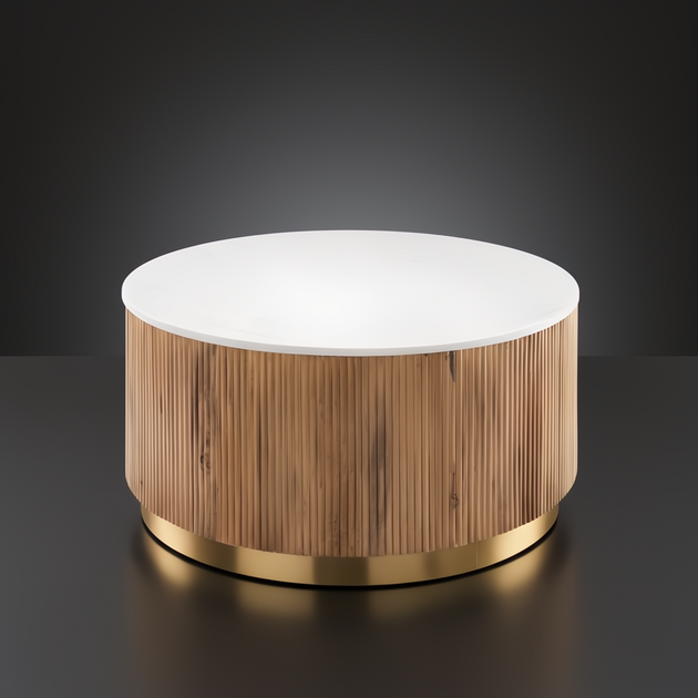 Round Surya Nems coffee table with white polished marble top, reeded brown mango wood base, and gold brushed brass accents.