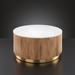 Round Surya Nems coffee table with white polished marble top, reeded brown mango wood base, and gold brushed brass accents.