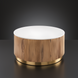 Round Surya Nems coffee table with white polished marble top, reeded brown mango wood base, and gold brushed brass accents.