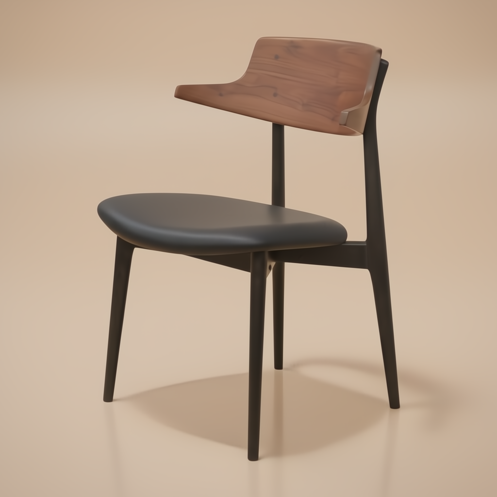 Surya Billings Dining Chair with black faux leather seat, brown wood veneer back, and black oak base.