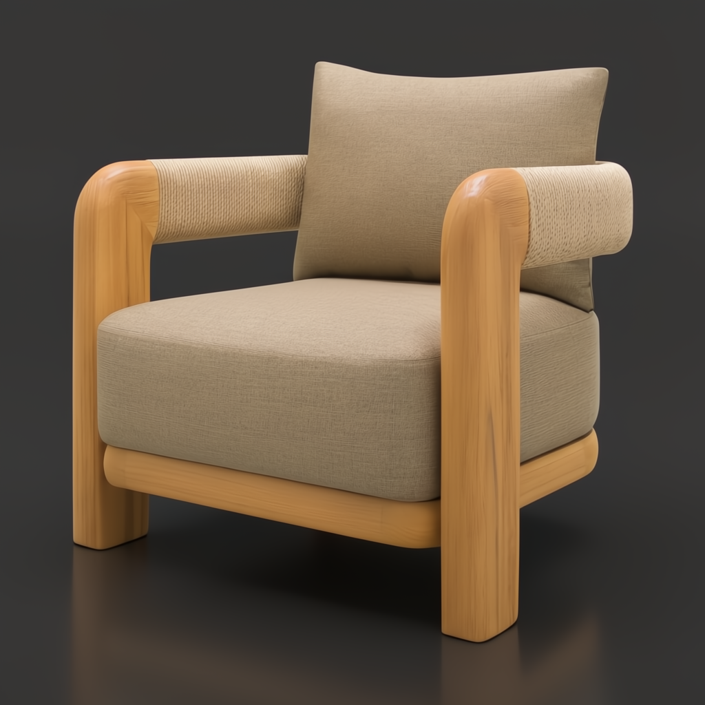 Surya Palma accent chair with beige Sunbrella cushions, teak wood frame, and PE rope-wrapped armrests.