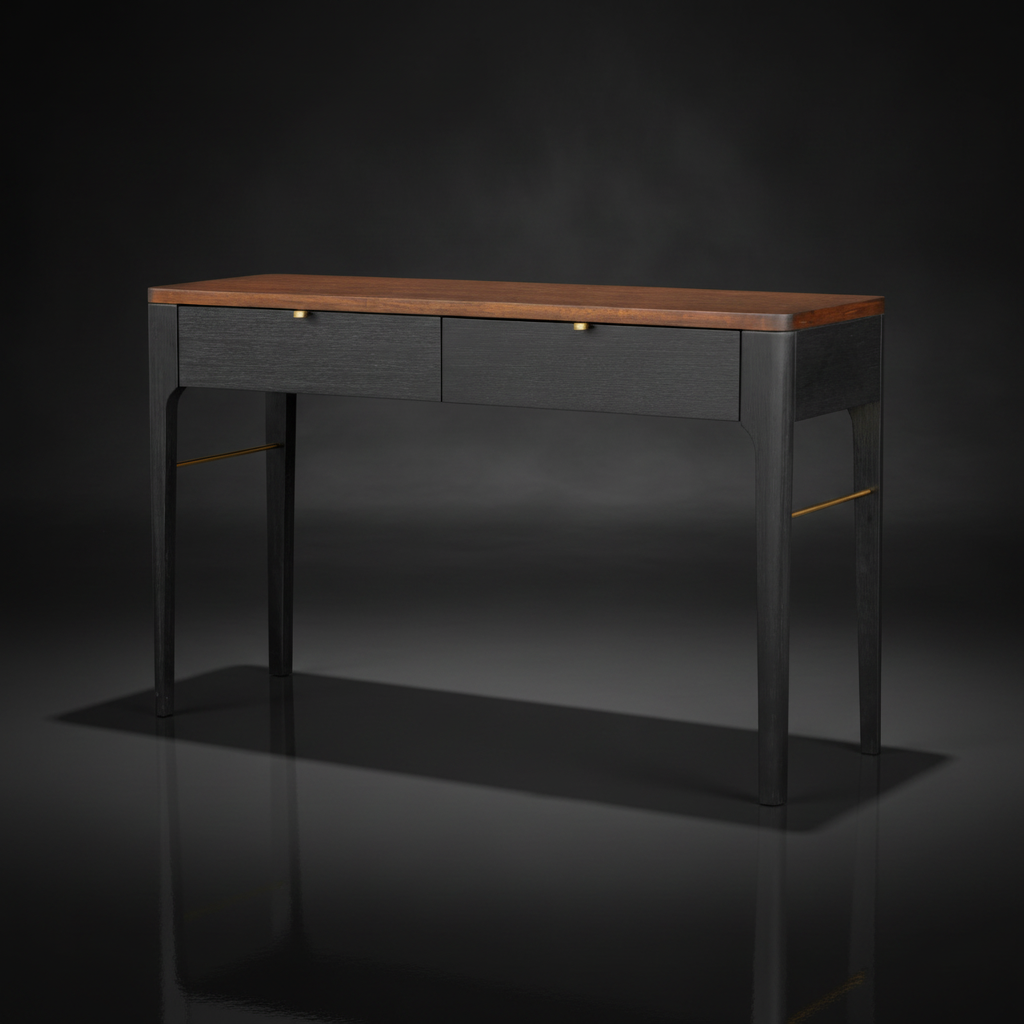 Surya Anello 48"W console table with brown oak veneer top, black wood base, and brass accents.
