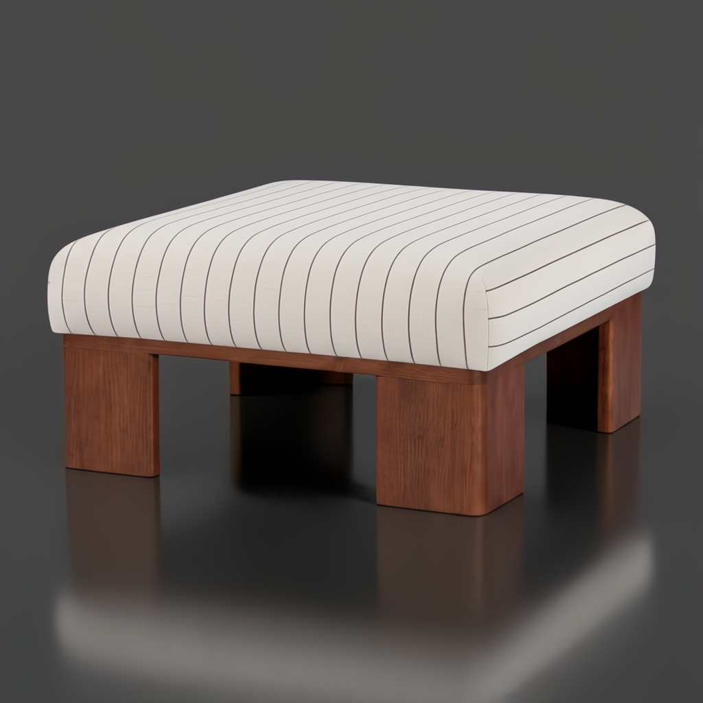 Surya Lunara Ottoman with a cream striped polyester cover and brown stained rubber wood base.