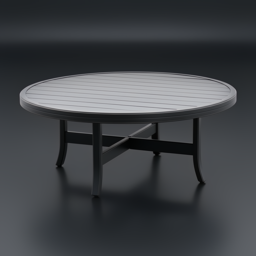 Surya Fairborn 42" round black hand-painted aluminum outdoor coffee table with slatted top.
