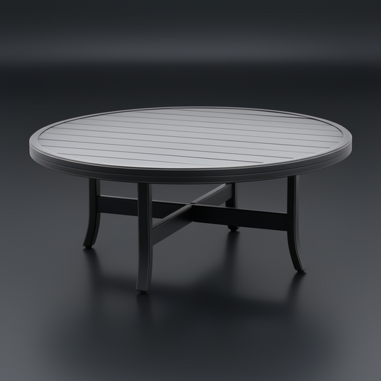 Surya Fairborn 42" round black hand-painted aluminum outdoor coffee table with slatted top.