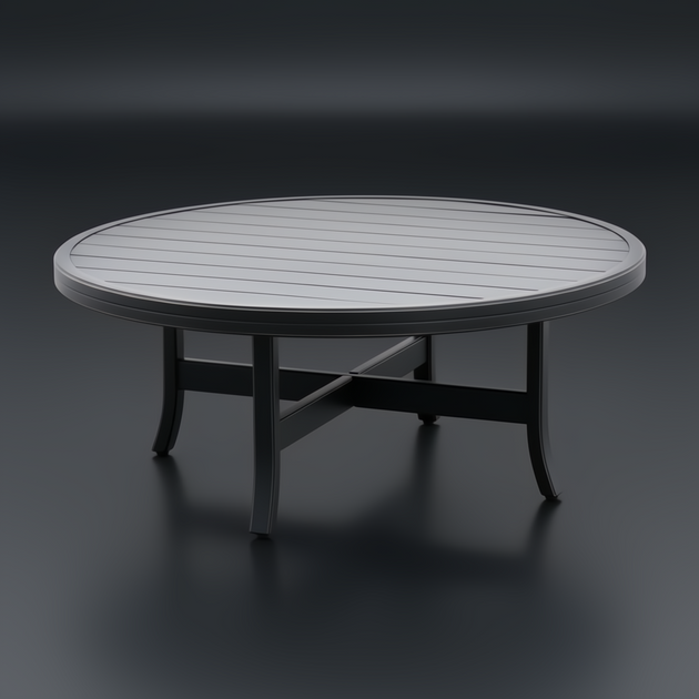 Surya Fairborn 42" round black hand-painted aluminum outdoor coffee table with slatted top.