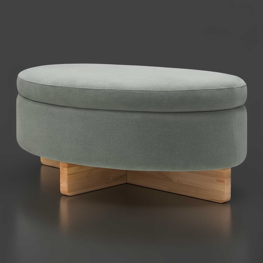 Surya Corson Storage Ottoman: oval green polyester upholstered top and base with light brown rubber wood feet.