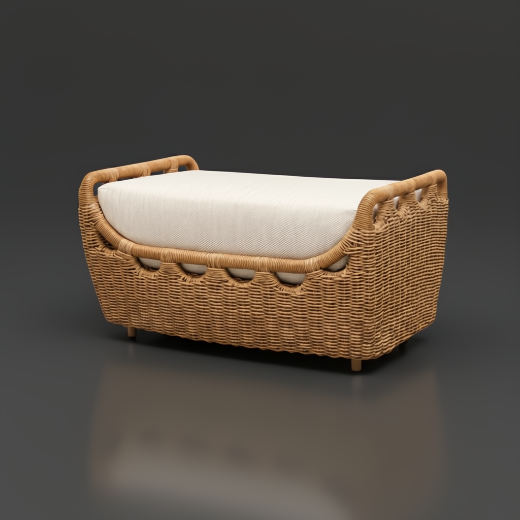 Woven rattan ottoman with a light-colored cushion, featuring a curved design and sturdy base.