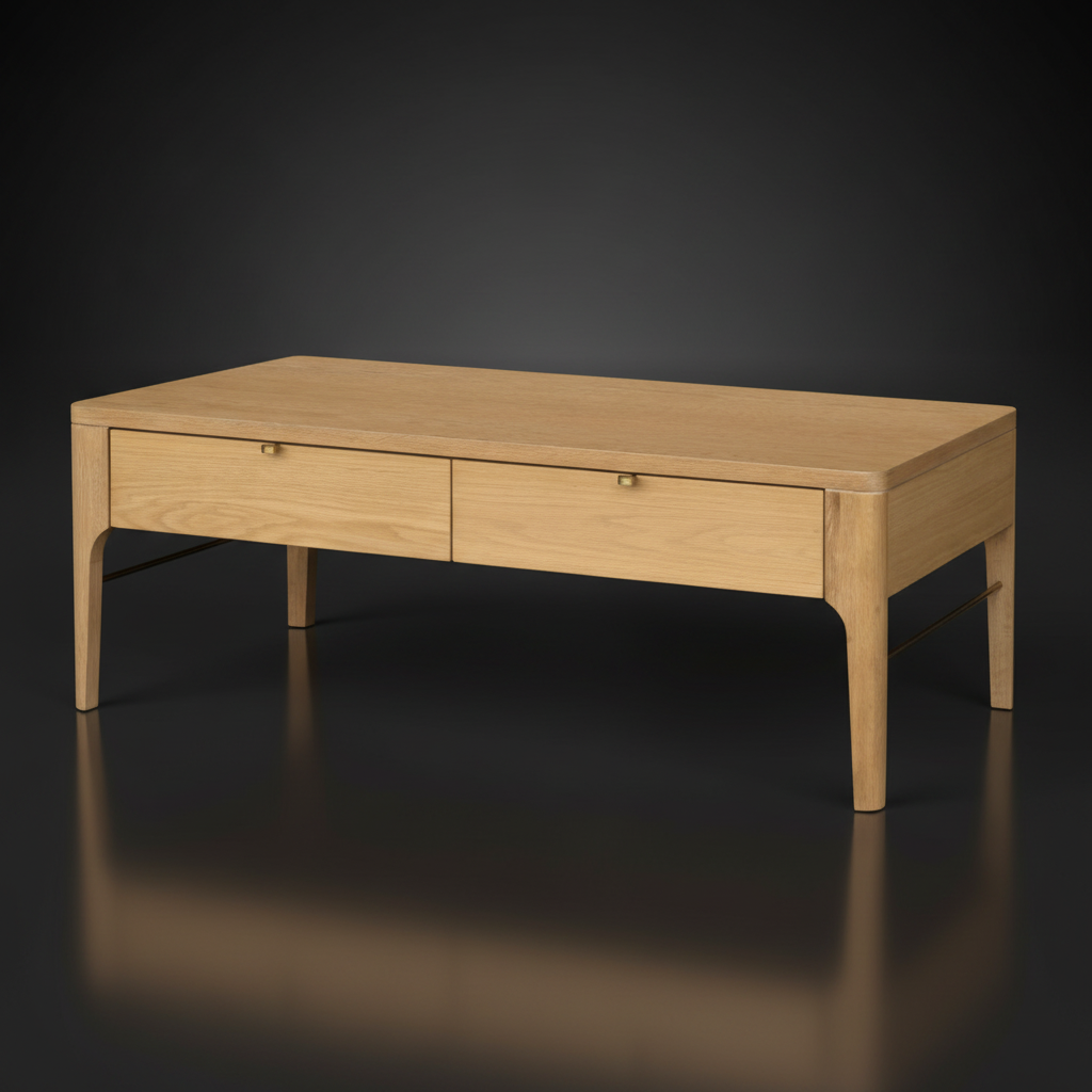 Rectangular light brown wood coffee table with two drawers and a modern design.