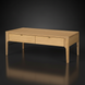 Rectangular light brown wood coffee table with two drawers and a modern design.